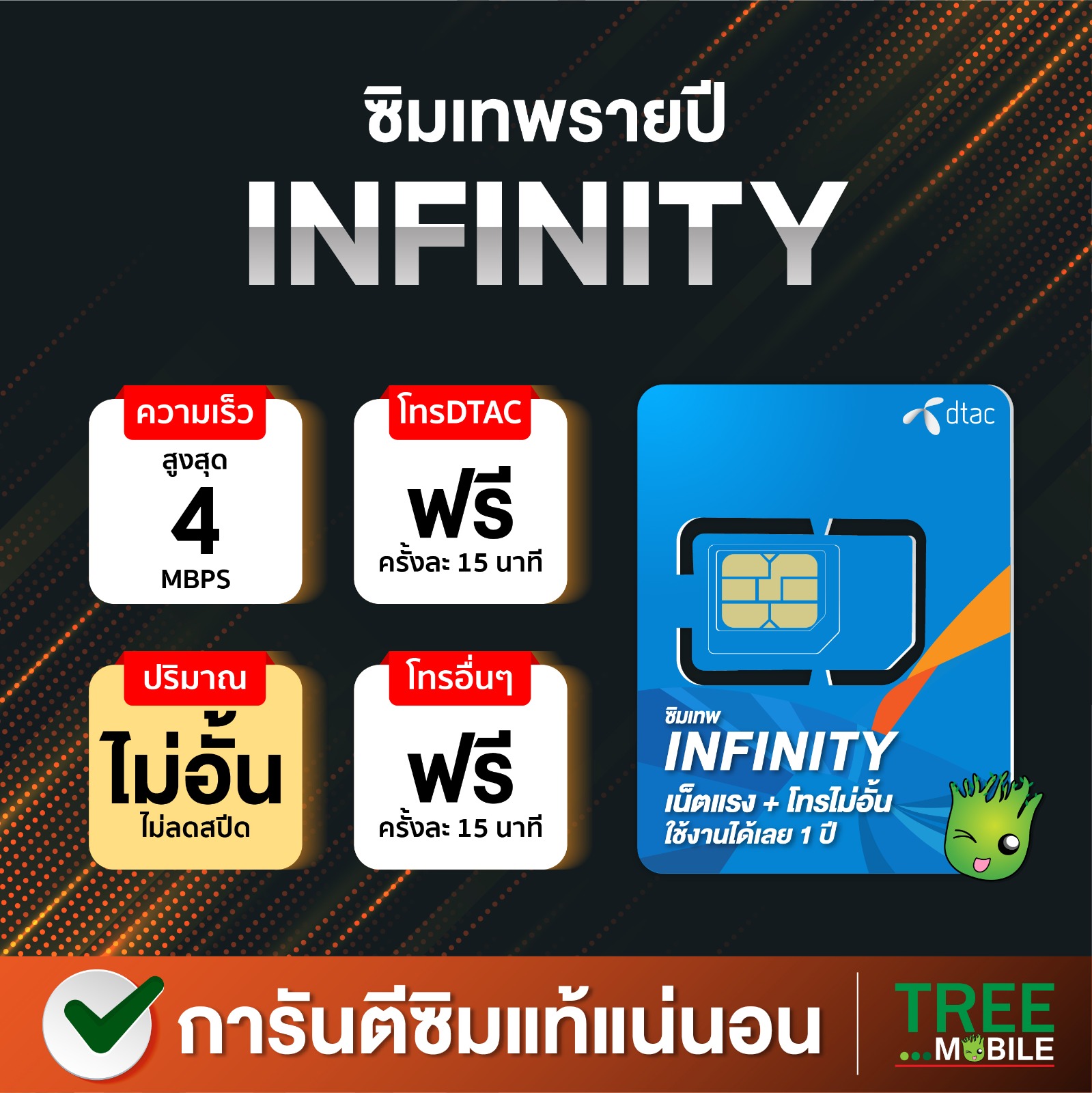 ส่งฟรี ส่งไว ซิมเทพ DTAC ดีแทค ซิมเทพ infinity 4 Mbps ไม่อั้นไม่ลดสปีด พร้อมโทรฟรีทุกเครือข่าย จ่ายเงินครั้งเดียว ไม่ต้องเติมเงิน ร้าน TreeMobile MBK