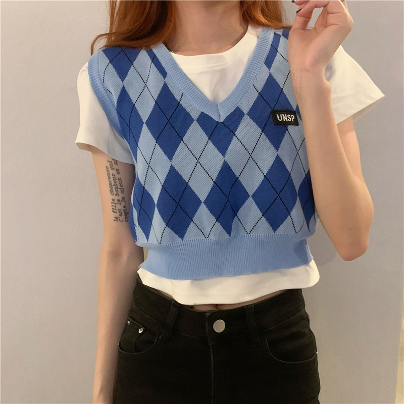 Blue Rhombus Short Vest Fashion V-neck Personality