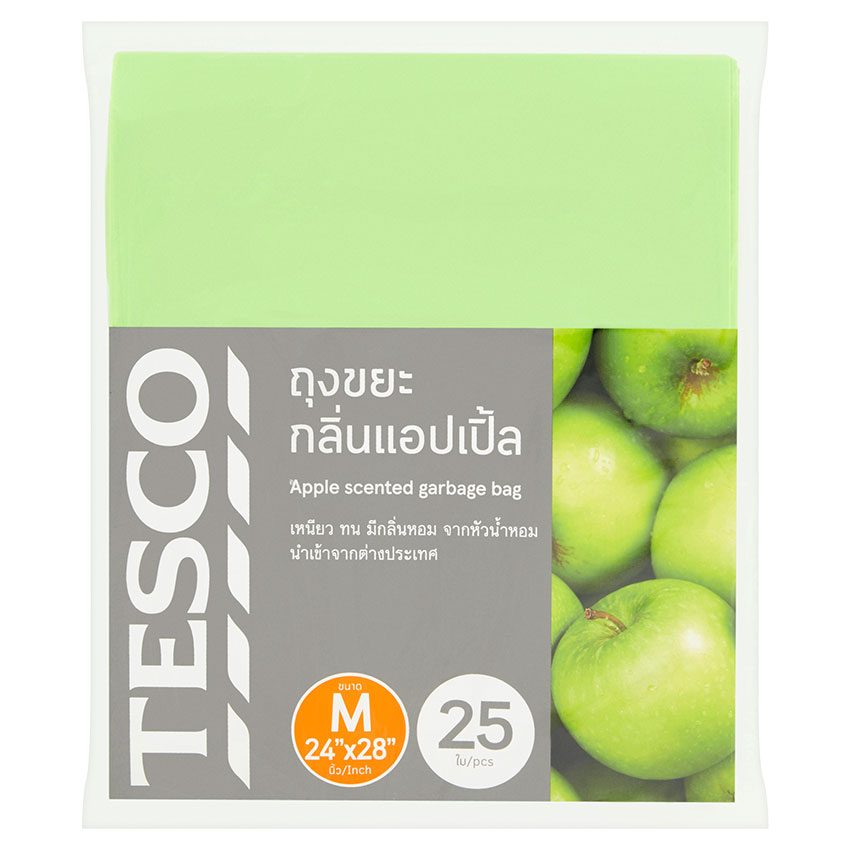 TESCO เทสโก้ ถุงขยะ กลิ่นแอปเปิ้ล ขนาด M 24 x 28 นิ้ว 25 ใบ