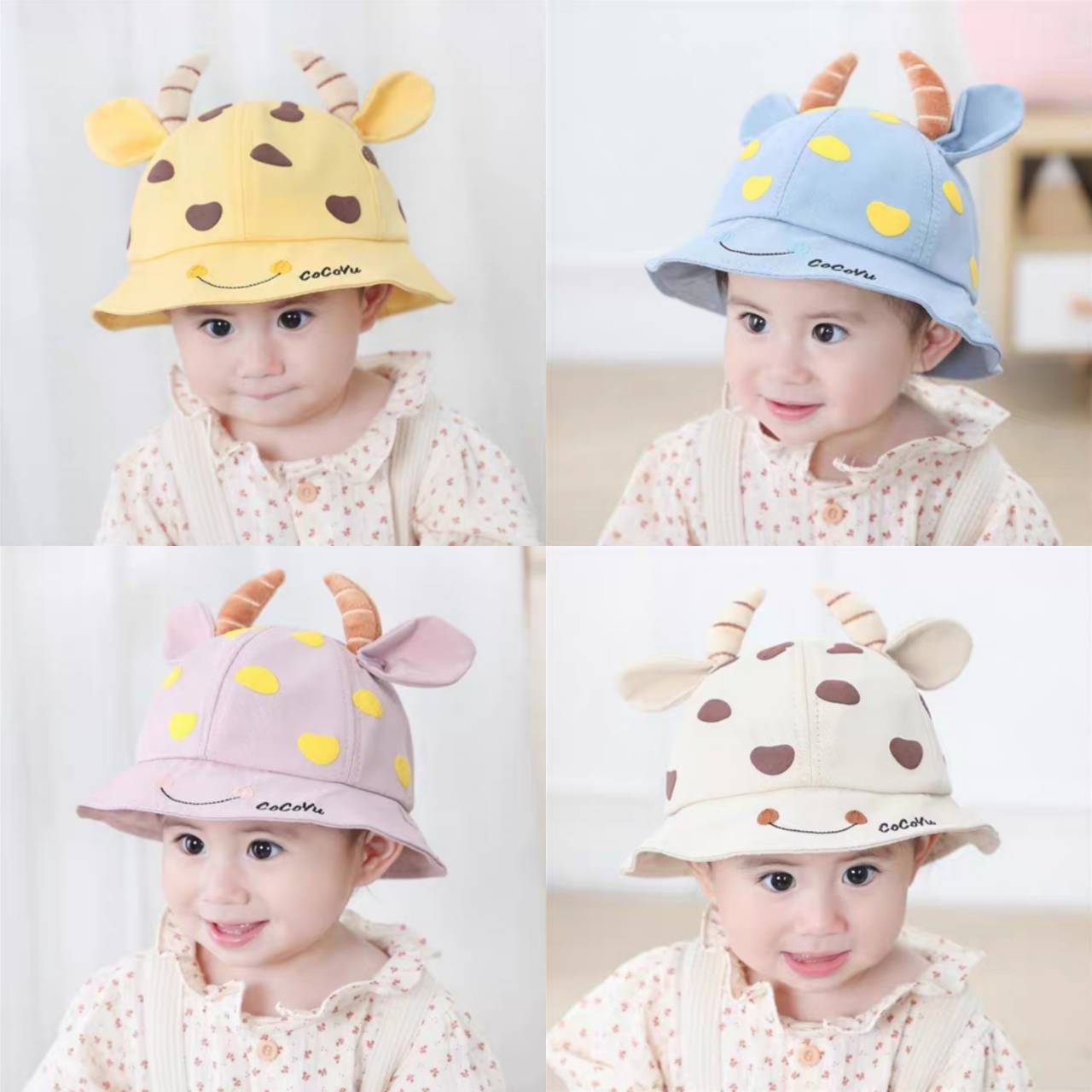 ☆พร้อมส่ง☆หมวกเด็ก 6เดือน-3ปี หมวกเด็กอ่อน หมวกเด็กโต หมวกเด็กผู้ชาย หมวกเด็กผู้หญิง หมวกบักเก็ตเด็ก หมวกปีกรอบ ลายวัว🐮รอบหัว:50-52 cm.