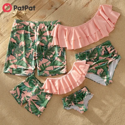 PatPat Mosaic Off-shoulder Flounce Leaf Print Matching Swimsuits-Z