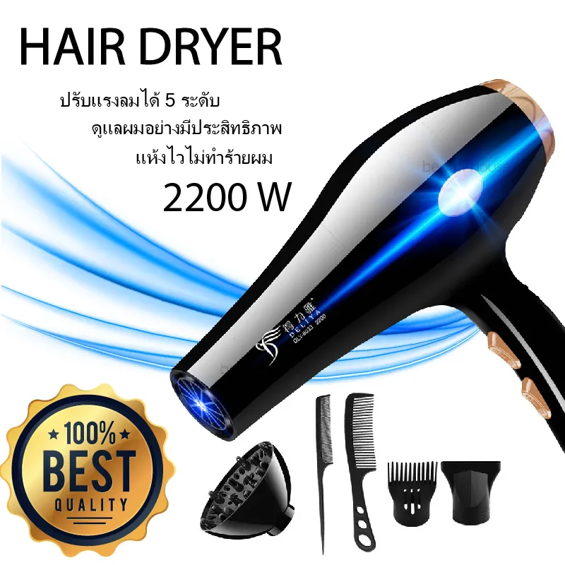 ไดร์เป่าผม DELIYA Hair dryer เครื่องเป่าผมไฟฟ้า ไดร์ ไดร์จัดแต่งทรงผม รุ่นยอดนิยม 2200วัตต์ ปรับแรงลมได้ 5 ระดับ ลมร้อน/ลมเย็น ร้อนเร็ว ลมแรง แห้งเร็ว สายไฟแข็งแรงทนาน (สีดำ) ซื้อ 1 แถม 5 ของขวัญสุดหรู