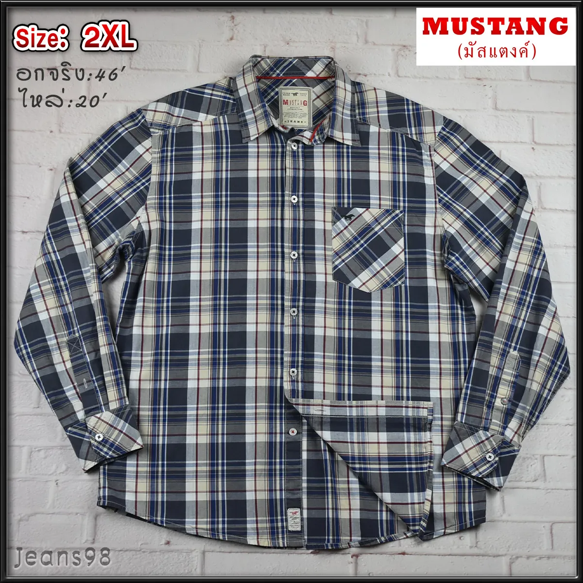 Mustang®แท้ อกจริง 46 ไซส์ 2XL เสื้อเชิ้ตผู้ชาย มัสแตง แขนยาว สีกรม เนื้อผ้าดีใส่สบาย