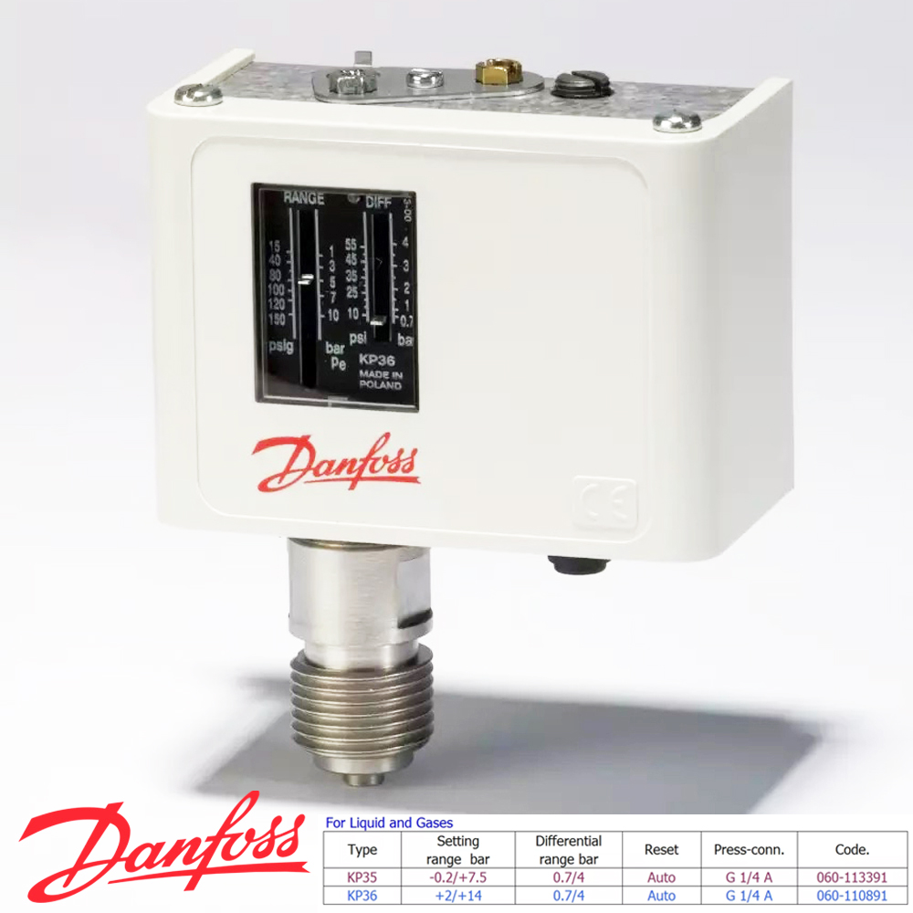 แดนฟอส DANFOSS Pressure switch รุ่น KP35 Range – 0.2ถึง + 7.5bar ,รุ่น KP36 Range 2ถึง +14bar