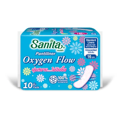 Sanita Pantiliner Oxygen Flow 10s / แซนนิต้า แผ่นอนามัย ออกซิเจน โฟลว์ ยาว 16ซม. 10ชิ้น/ห่อ