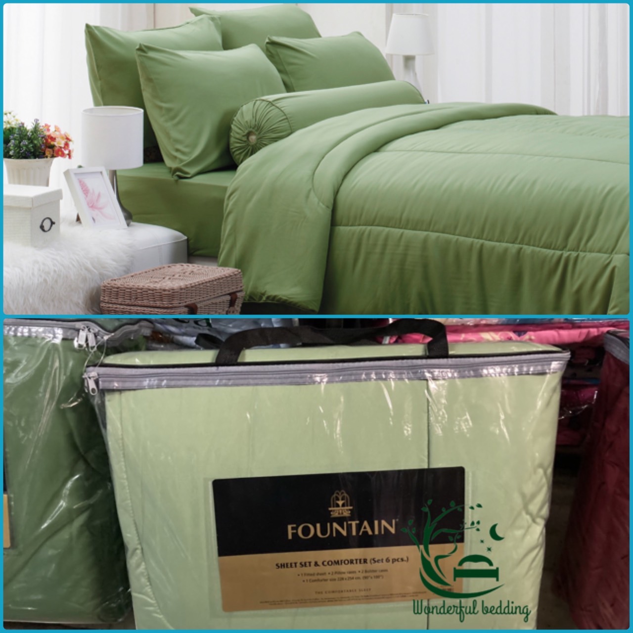 FOUNTAIN ผ้านวม + ชุดผ้าปู ผ้าปู ที่นอน แท้ 100% FTC สีพื้น เขียว Green Gray เทา ขนาด 3.5 5 6ฟุต ชุดเครื่องนอน ผ้านวม ผ้าปูที่นอน wonderful bedding  สี → Green2ขนาดสินค้า 6 ฟุต