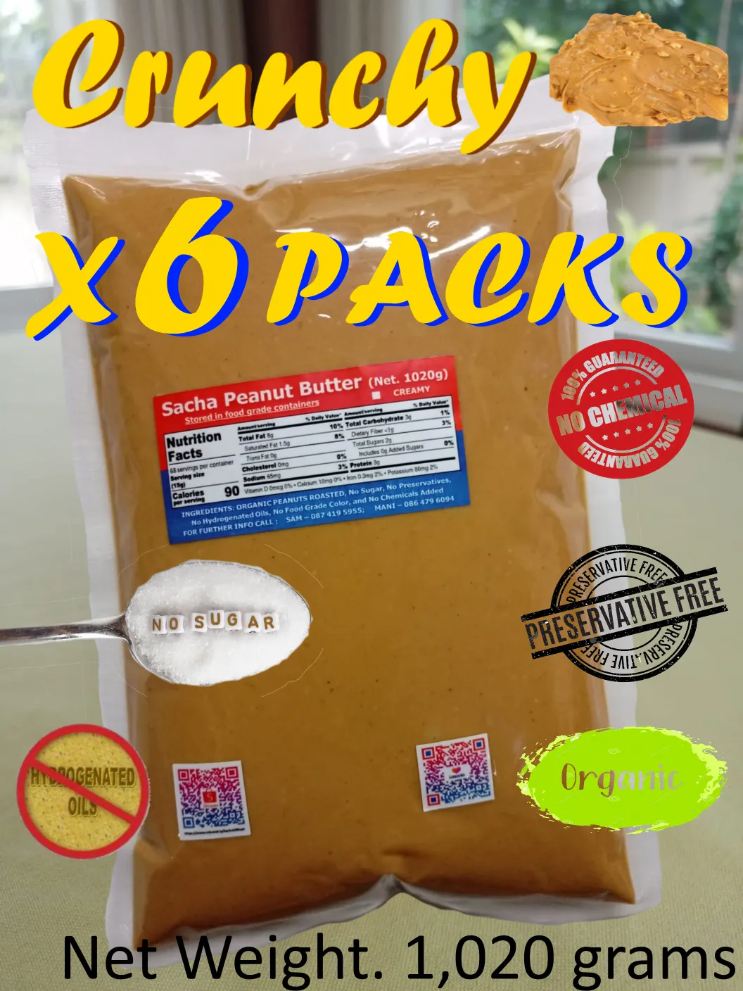 Sacha Peanut Butter (Crunchy x 6 Packs) All Natural Organic (1,020 grams x 6 แพ็ค) - Free Delivery, ซาช่า-เนยถั่ว (ส่งฟรี)