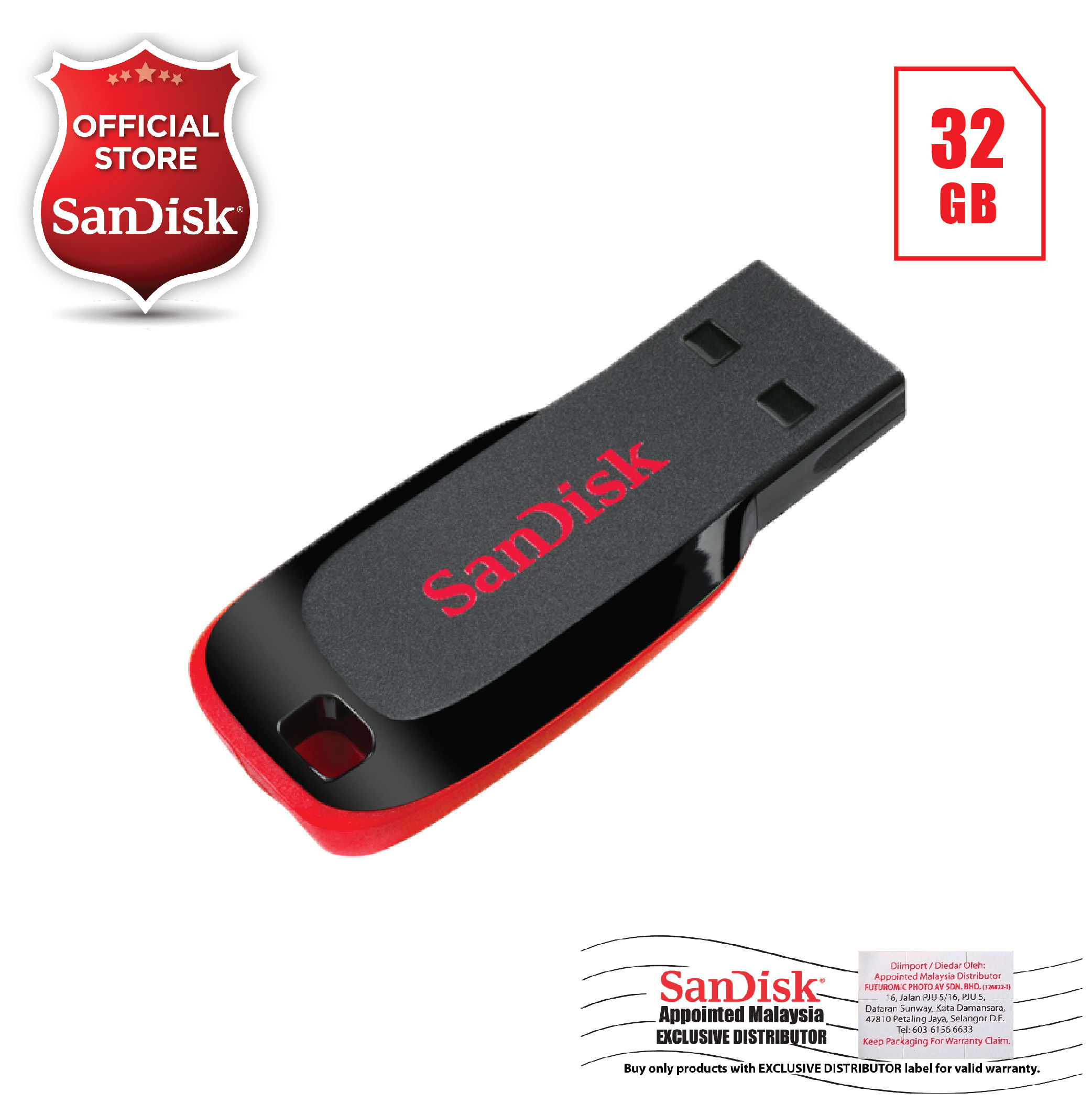 Sandisk Flash Drive Cruzer Blade 32GB/64GB-Black/Red CZ50 USB 2.0( แฟลชไดร์ฟ USB Flash Drive )