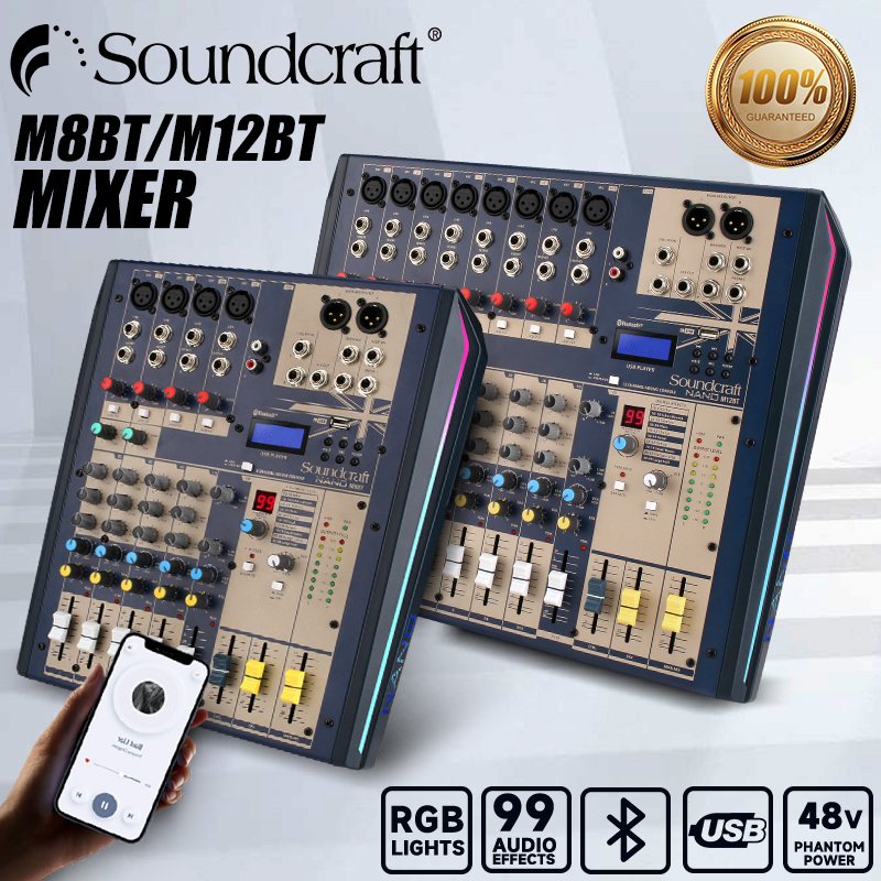 Mixer Soundcraft Nano M12bt Bộ Trộn 12 Kênh Với 8 Đầu Vào Mono / Micrô 3 Đầu Vào Âm Thanh Nổi Kết Nối Bluetooth 2 Cổng Usb Type Xử Lý Echo Vocal Reverb Dùng Cho Show Sự Kiện.