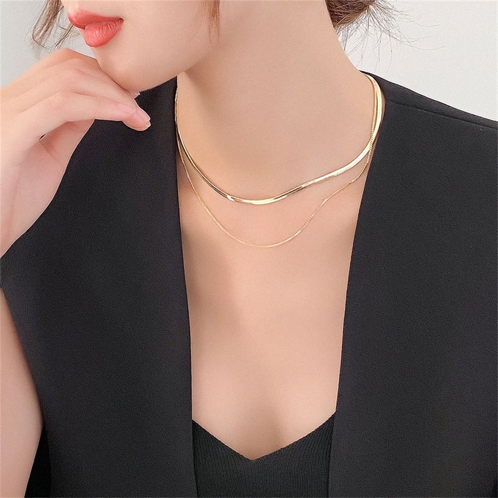 HONEYDEWD Fashion Curb Link Solid Filled Versatile 18K Gold Plated Snake Bone Chain Double Layered Necklace Clavicle Chain