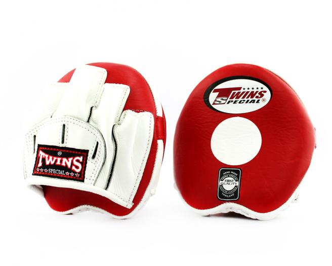 Twins Special mini Focus mitts punching PML-13 Red White Genuine Leather for Trainer Muay Thai MMA K1 เป้ามือทวินส์ สเปเชี่ยล ทรงโค้งเล็ก สีแดง ขาว สำหรับเทรนเนอร์ ฝึกซ้อม