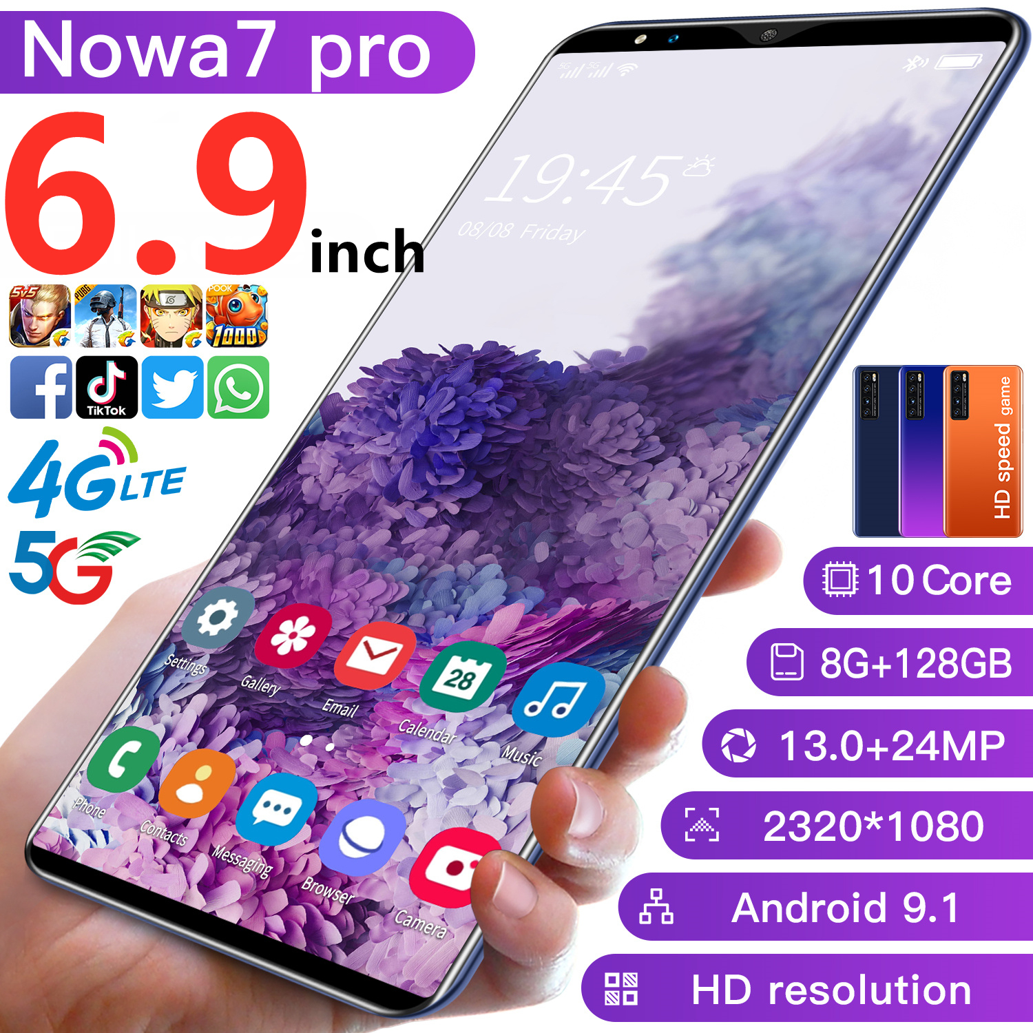 HUAWI Nowa 7 smartphone โทรศัพท์ราคาถูก สมาร์ทโฟนหน่วยความจำ 64G+128Gจอ 6.9นิ้วHD เต็มหน้าจอ แบตเตอรี่ 4800 mAh ถ่ายภาพ โทรสัพราคาถูก ชาร์จไว ชมภาพยนต์เก