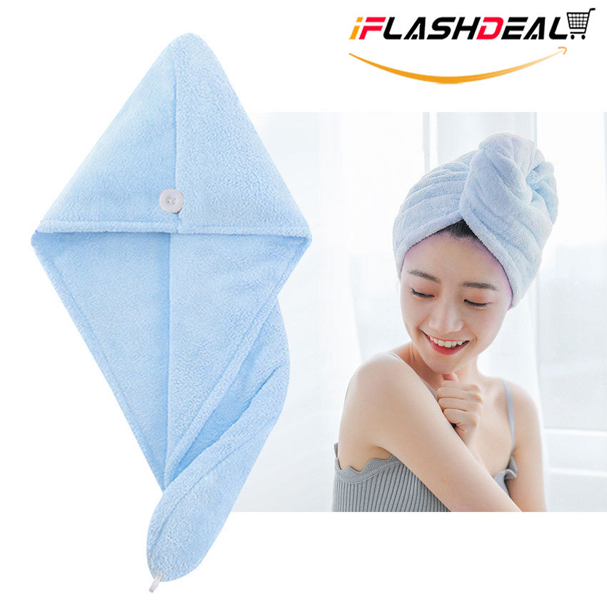 iFlashDeal ผ้าเช็ดตัว Dry Hair Cap Microfiber Towel Hair Drying   Hat Quick Dryer Water Absorbent Shower Turban Fast Magic Hair Wrap with Button Wrapped Bath Cap Facial Salon Face Wash Towels สี สีฟ้า สี สีฟ้า