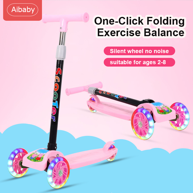 Aibaby สกู๊ตเตอร์ 3 ล้อ สกู๊ตเตอร์เด็ก สกู๊ตเตอร์ขาไถ พับเก็บได้สำหรับเด็กอายุ 2-8 ปี ของเล่น kids Scooter 3 Wheels ปรับความสูงได้ มีไฟที่ล้อขณะวิ่ง