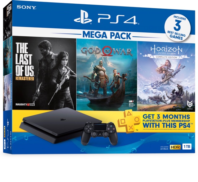 เครื่อง Ps4 Slim 1TB รับประกัน 1 ปี 3 เดือน Mega Pack  God of war + The Last Of Us + Horizon + บัตร PlayStation Plus