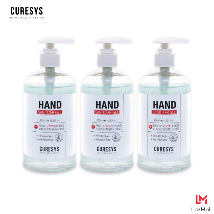 เคียวร์ซิส เจลล้างมือแอลกอฮอลล์ขวดใหญ่ หัวปั๊ม 450มล. แพ็ค3ขวด Curesys hand sanitizer gel 450ml pack3 alcohol 75% (เจลแอลกอฮอล์)