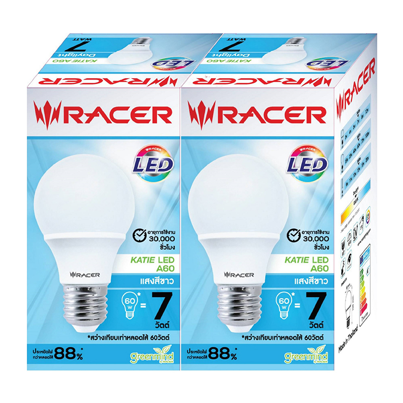 เรเชอร์ หลอดไฟ KATIE LED A60 แสงขาว 7 วัตต์ รุ่น W-E27 แพ็คคู่/Recher incandescent lamp KATIE LED A60 7W white light model W-E27 Twin Pack