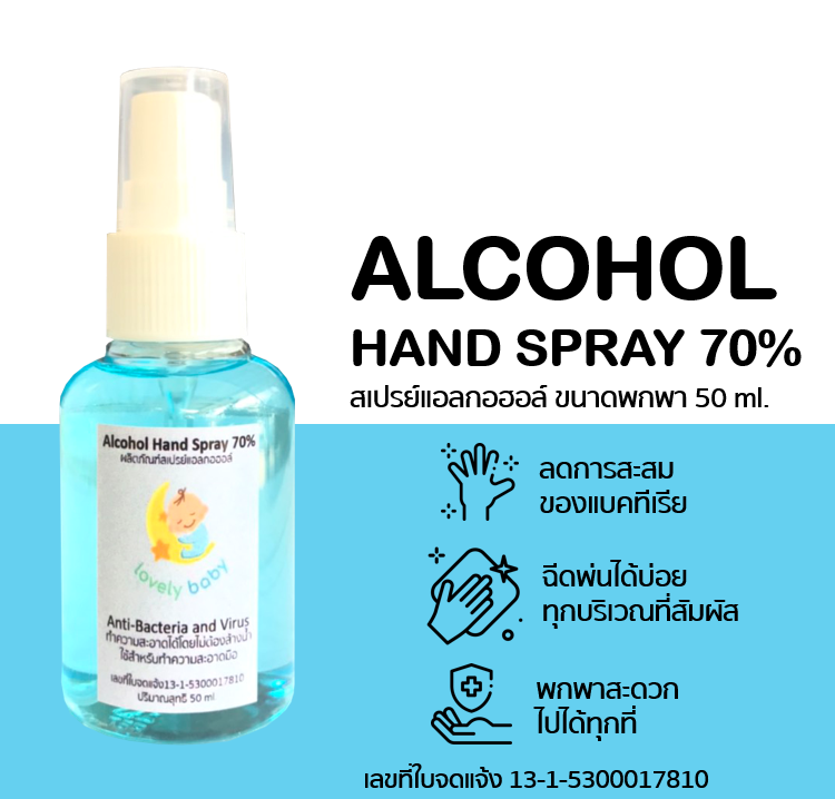 Hand Spray สเปรย์แอลกอฮอล์ 70% มีเลขที่ใบจดแจ้ง  50 ml. พร้อมส่ง