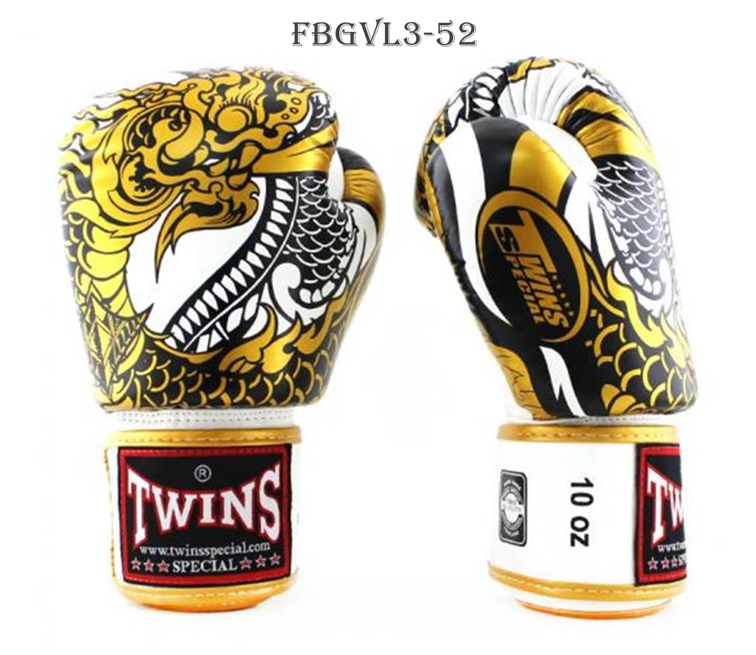 Twins special Boxing Gloves Fancy FBGVL3-52 Nagas White Gold  (14,16 oz.)  Muay Thai Sparring MMA K1 นวมซ้อมชกทวินส์ สเปเชี่ยล แฟนซี สีขาว ทอง หนังแท้ 100%