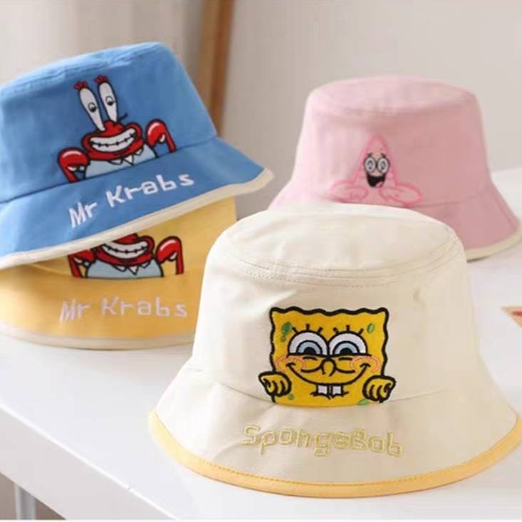 ☆พร้อมส่ง☆หมวก หมวกเด็ก 4เดือน-2ปี หมวกเด็กเล็ก หมวกปีกรอบ หมวกบักเก็ต หมวกเด็กชาย หมวกเด็กหญิง ลายการ์ตูน SpongeBob??รอบหัว:47-49 cm.