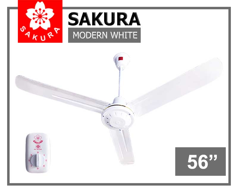 SAKURA พัดลมเพดาน 56 นิ้ว [ สีขาว / Modern White ] รุ่น S-056 ใบตรง (พร้อมสวิตหมุน) ลมแรง ทนทาน ซากุระ มาตรฐาน คนไทยผลิต มี มอก.