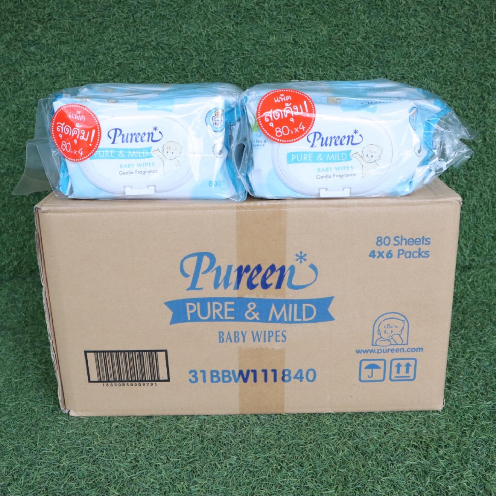 ขายยกลัง Pureen Baby Wipes ผ้าเช็ดทำความสะอาด สูตร Pur & Mild 80 แผ่น ( แพ็ค 4 x 6 ) สีฟ้า