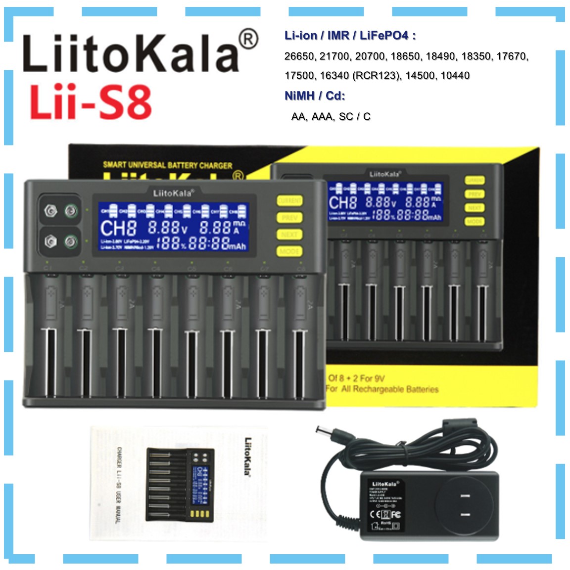 เครื่องชาร์จถ่าน Liitokala Lii-S8 ราง 8 ช่อง สำหรับ 18650 / AA / AAA Ni-MH / Li-ion / LiFePo4 / 9V
