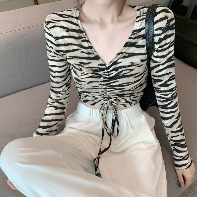Drawstring V-neck Long-sleeved T-shirt Short Slim Shirt