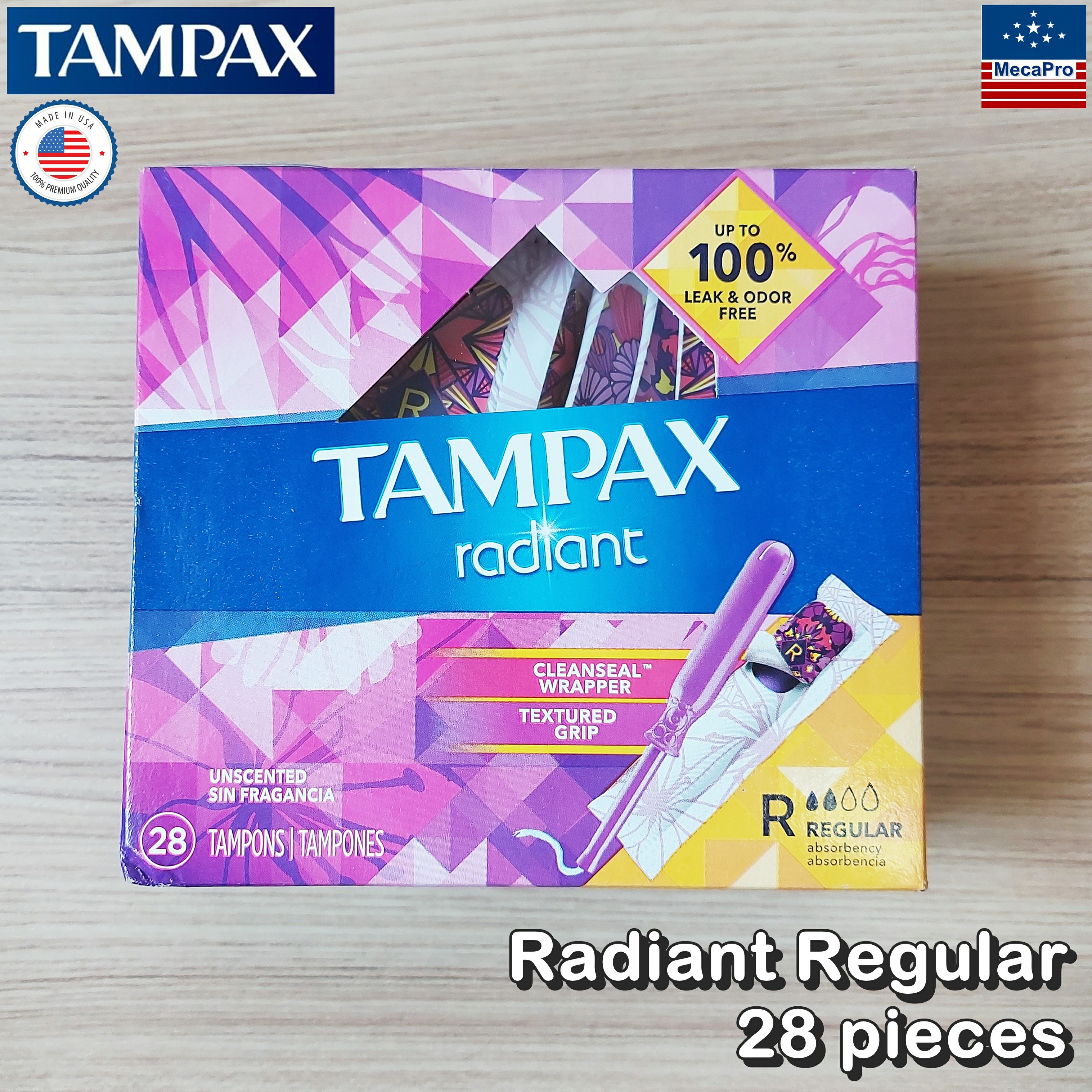 Tampax® Radiant Regular Absorbency Tampons Unscented 28 pieces ผ้าอนามัยแบบสอด 28 ชิ้น เหมาะกับวันมาปกติ ไร้กลิ่น