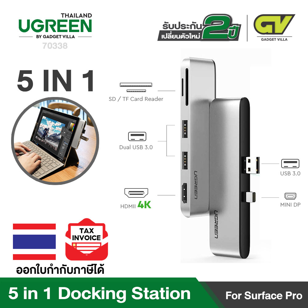 UGREEN Docking Station รุ่น 70338 สำหรับ โน๊ตบุ๊ค ซอร์เฟส โปร Surface Pro 6 5 4, Aluminum USB 3.0 Hub Adapter 5 in 1 with Mini Displayport to HDMI 4K, Dual USB 3.0 Ports, SD TF Card Reader