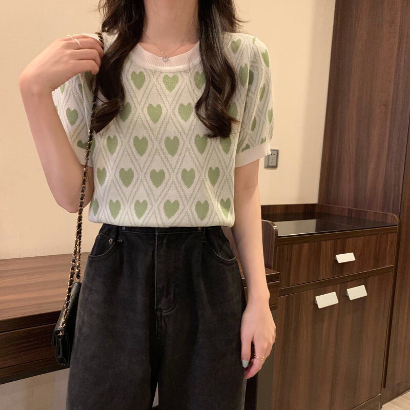 🍉 เสื้อแขนสั้นไหมพรม คอกลม ดีเทลลายหัวใจทั้งตัว สีหวานๆสุดน่ารัก ...