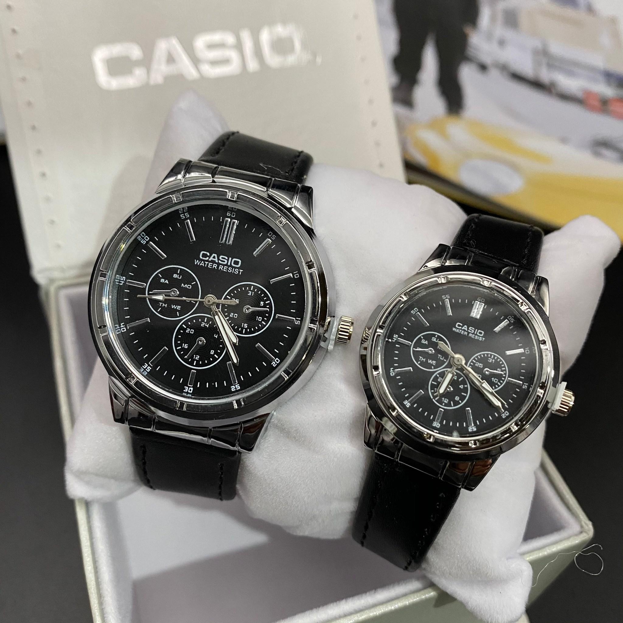 นาฬิกา Casio สายหนัง คู่รัก หน้าสามวงล่าง ขอบเงิน/ขอบทอง แถมผ้าเช็ด+เซ็ตเวลา