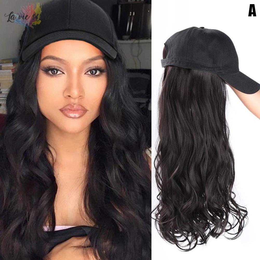 La vis Baseball Hat with Curly Wavy Long Hair Wigs Synthetic Hair Caps