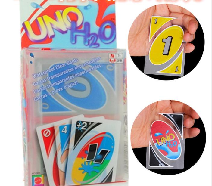 ไพ่ UNO H2O พลาสติกสีใส กันน้ำ ไพ่อูโน่สุดฮิตตลอดกาล เป็นเกมส์ไผ่ที่เล่นง่าย ไพ่เล่นเกมครอบครัวของเล่นแสนสนุกเกมของขวัญ เล่นได้หลายคน เล่นได้ทุกเพศทุกวัย 108 ใบ รุ่น Waterproof cards