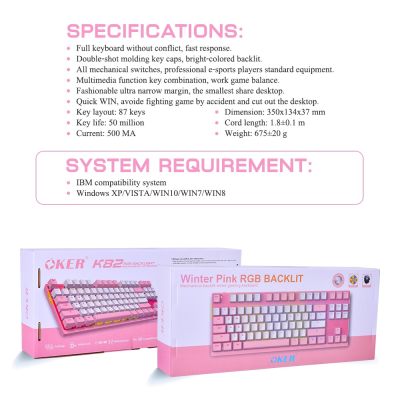 คีย์บอร์ดเกมมิ่ง OKER K82 Winter Pink TKL RGB Mechanical Backli  Bule Switce