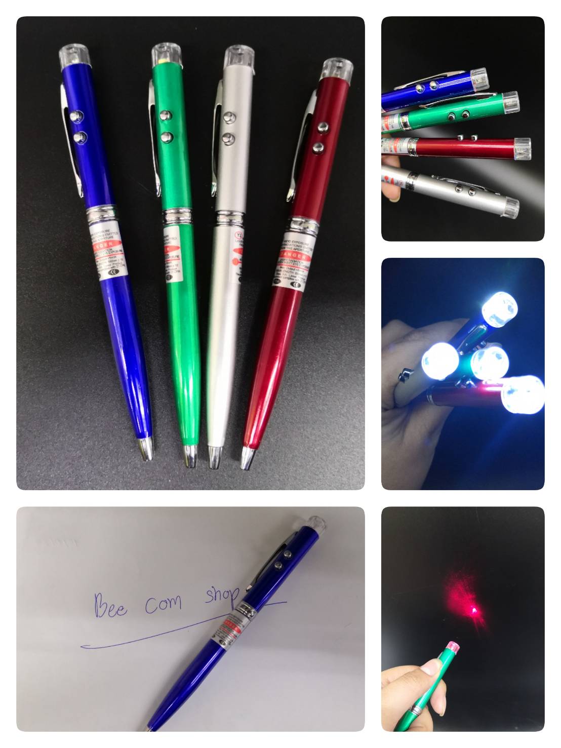 ปากกาพร้อมเลเซอร์พ้อยเตอร์เป็นแสงเลเซอร์สีแดง พร้อมไฟกระพริบส่องสว่างได้ 4 แบบ