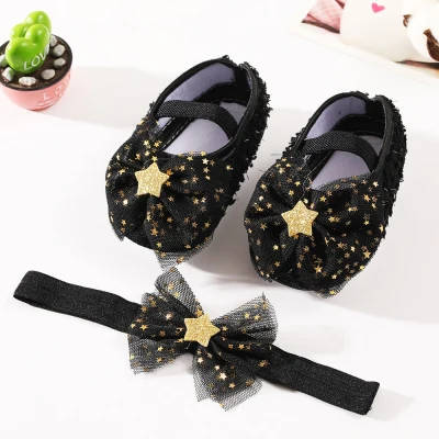 Boboramall Baby Girl Net Yarn Bowknot Star Princess Shoes Toddler Soft Sole Walking Shoes Headband Set