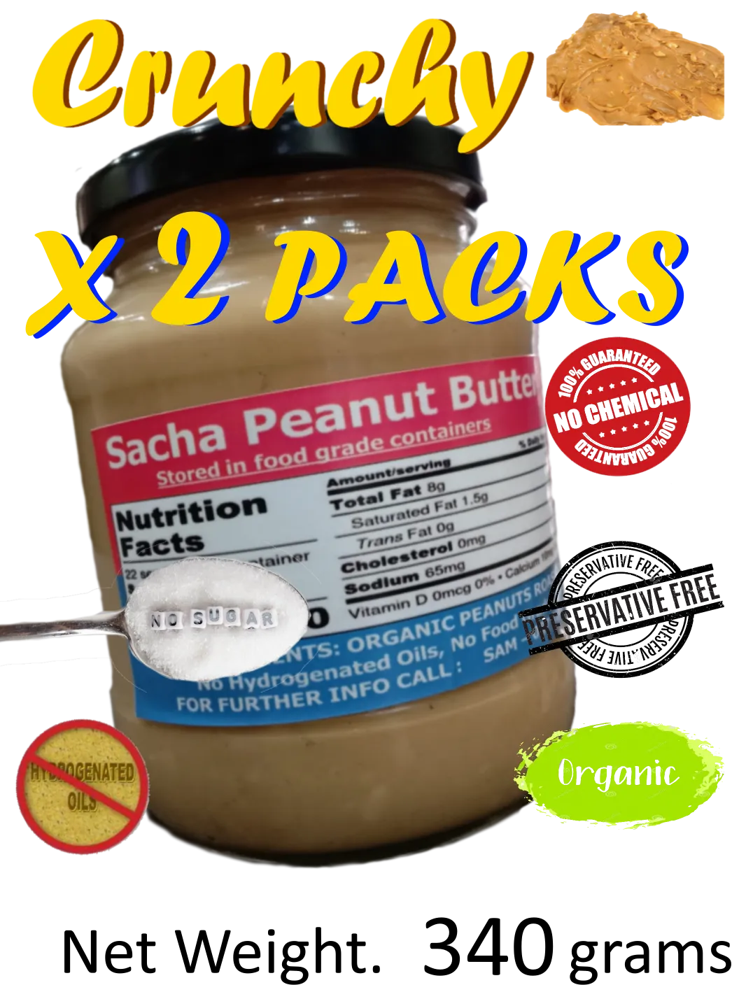 Sacha Peanut Butter (Crunchy x 2 Packs) All Natural Organic (340 grams x 2 แพ็ค) - Free Delivery, ซาช่า-เนยถั่ว (ส่งฟรี)