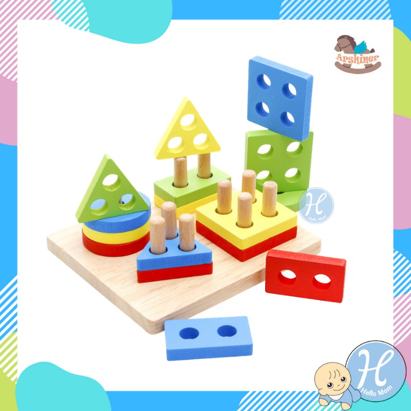 HelloMom ของเล่นไม้ กระดานไม้เรียง ห่วงสวมเสา 4หลัก Four Column Shape Matching ห่วงซ้อนเลขาคณิต ของเล่นเด็กเสริมพัฒนาการ