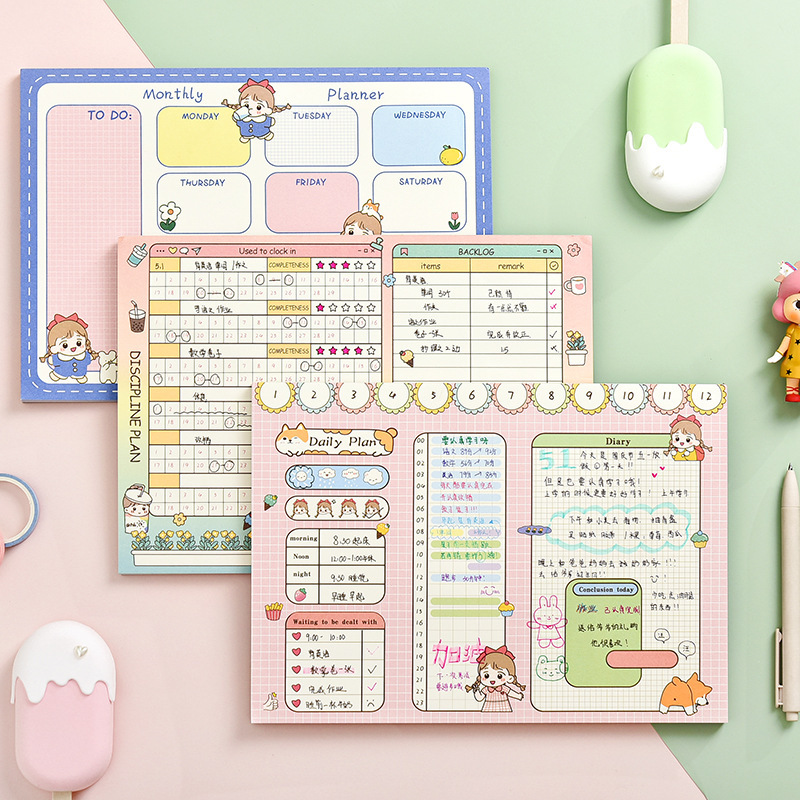 น่ารักการ์ตูนสาว Planner Memo Pad น่ารักรายเดือนรายสัปดาห์ Daily Planner Habit Tracker Notepad