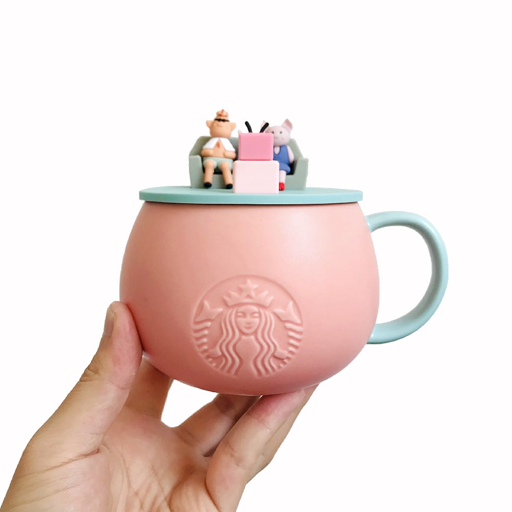 แก้ว Starbucks Mugแก้วสตาร์บัคทรงลูกหมูพร้อมฝาช้อนสาวน่ารักถ้วยกาแฟเซรามิก office desktop cup