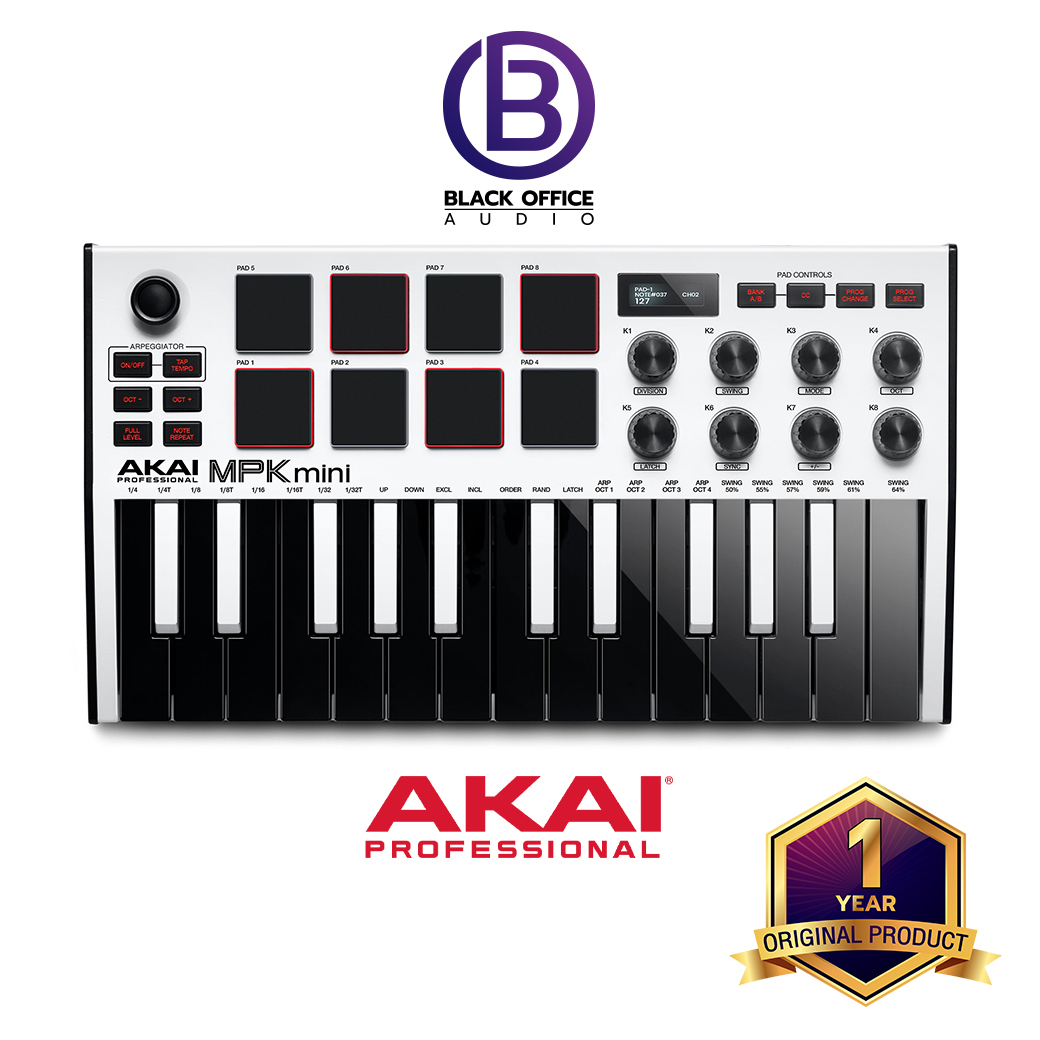 AKAI MPK mini MK3 WHITE มิดี้ คีย์บอร์ด / ทำเพลง / ทำบีท / Midi Keyboard / Midi Controller (BlackOfficeAudio)