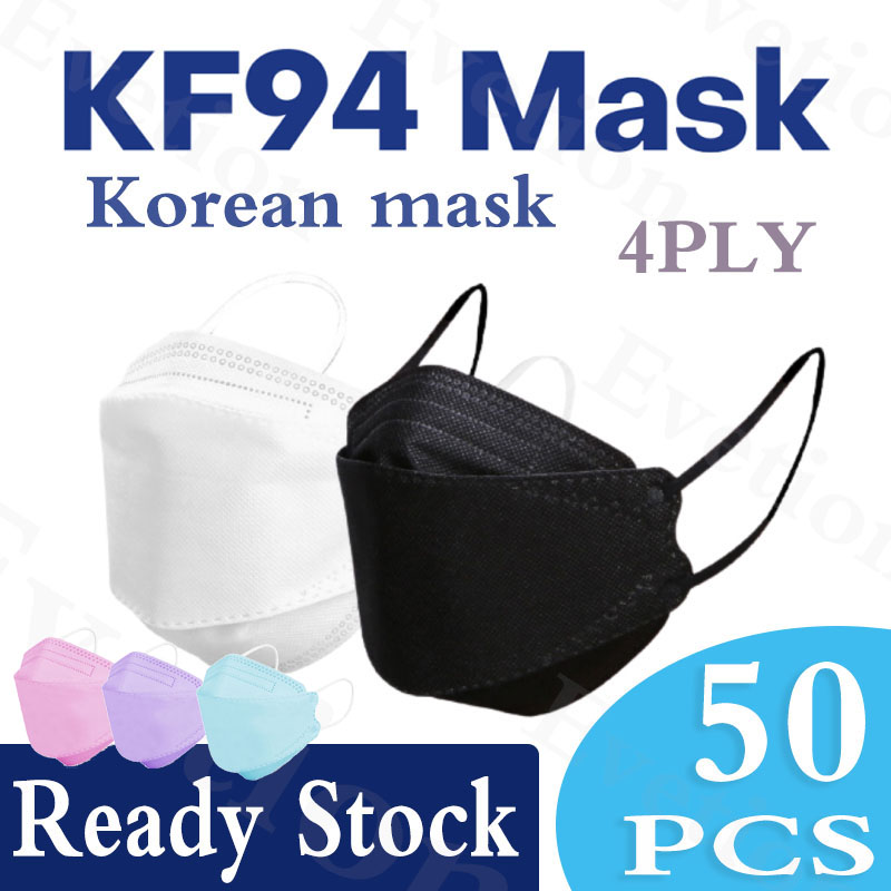 Evetion 50pcs Face mask KF94 หน้ากากผู้ใหญ่เกาหลีKN 95 หน้ากากป้องกันหน้ากากป้องกัน 4 ชั้นสำหรับผู้ชายและผู้หญิงหน้ากากป้องกัน PM2.5หน้ากากที่ระบายอา white