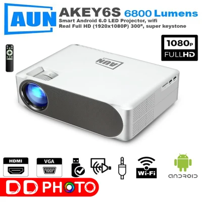 AUN โปรเจคเตอร์ Full HD AKEY6S 1920X1080P Home Cinema (อุปกรณ์เสริมAndroid 6.0 WIFI) HDMI VGA สำหรับ GYM 4K Video