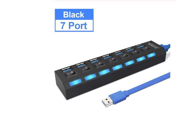 ช่องต่อ USB 3.0 แบบมี switch 7 ช่อง 7 Port High Speed USB 3.0 Hub (สีดำ)