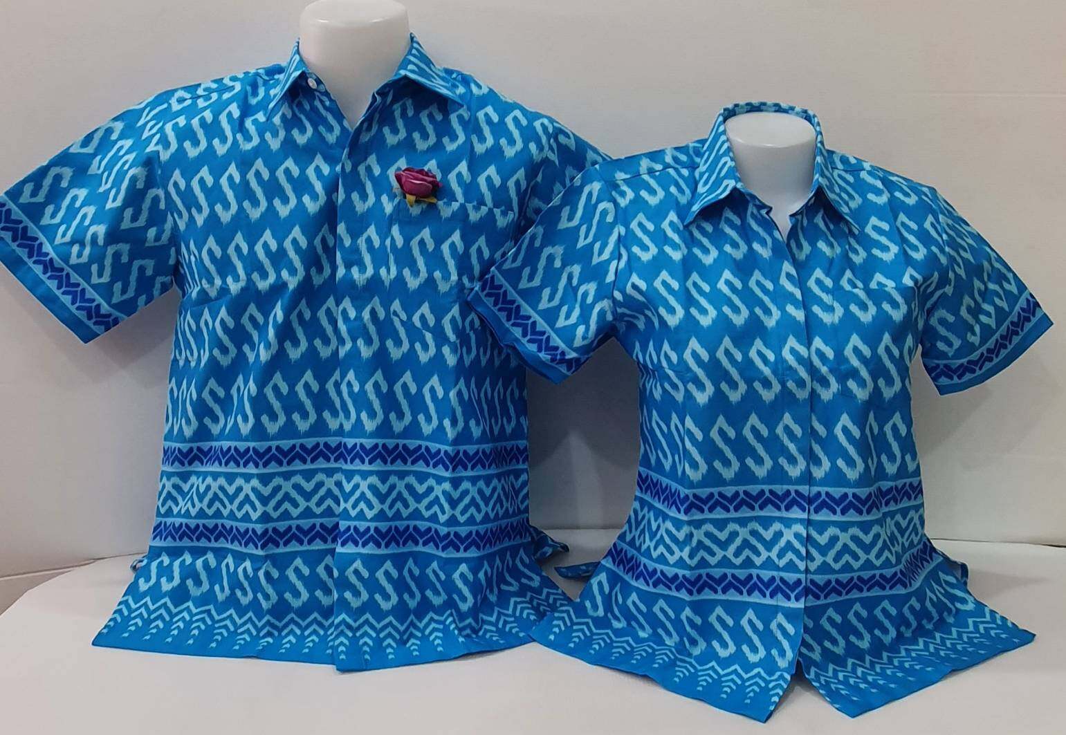 เสื้ออัดกาวลายไทย คอเชิ้ต - สีฟ้าลายมัดหมี่ 2 ผู้ชาย/ผู้หญิง