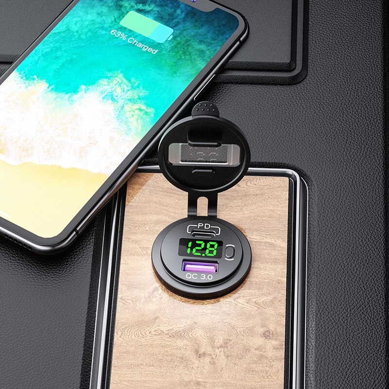 48W USB Type C Car Usb Charger Socket 12V/24V Dual USB Outlet PD3.0&QC3.0 Car Socket with LED Voltmeter and ON/Off Switch Fast C