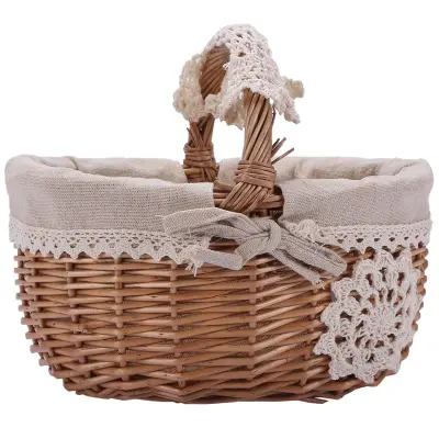 Wicker Basket Rattan Storage Basket Box Picnic Basket Fruit Flower Baskets and Handle and White Liner for Camping