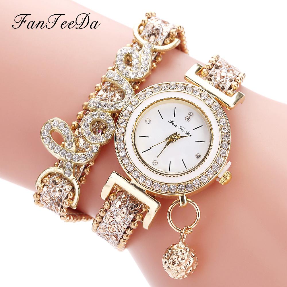 Fanteeda แบรนด์แฟชั่นหรูหราผู้หญิงนาฬิกาคำรักสายหนังสุภาพสตรีสร้อยข้อมือดูสบายๆควอตซ์นาฬิกาข้อมือ