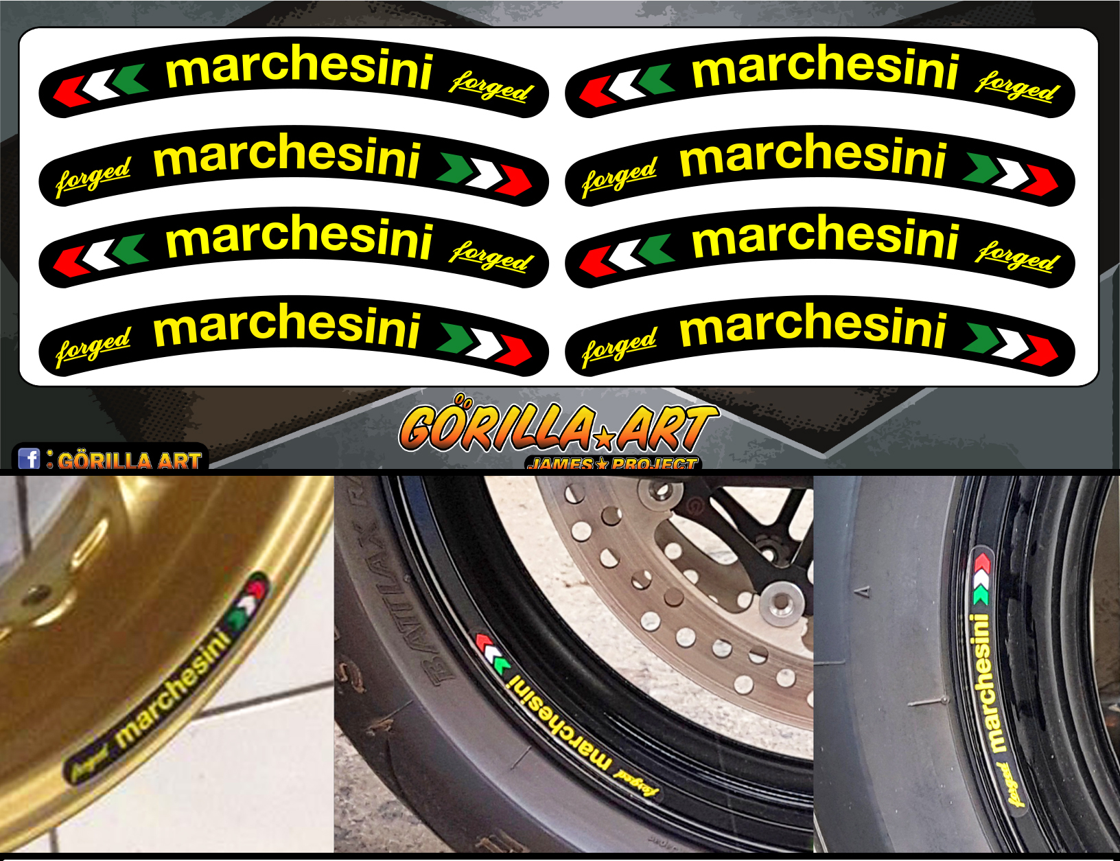 สติ๊กเกอร์ติดวงล้อ ติดขอบล้อ Marchesini V1 Sticker เกรดพรีเมี่ยม ( พื้นสีดำอักษรเหลือง )